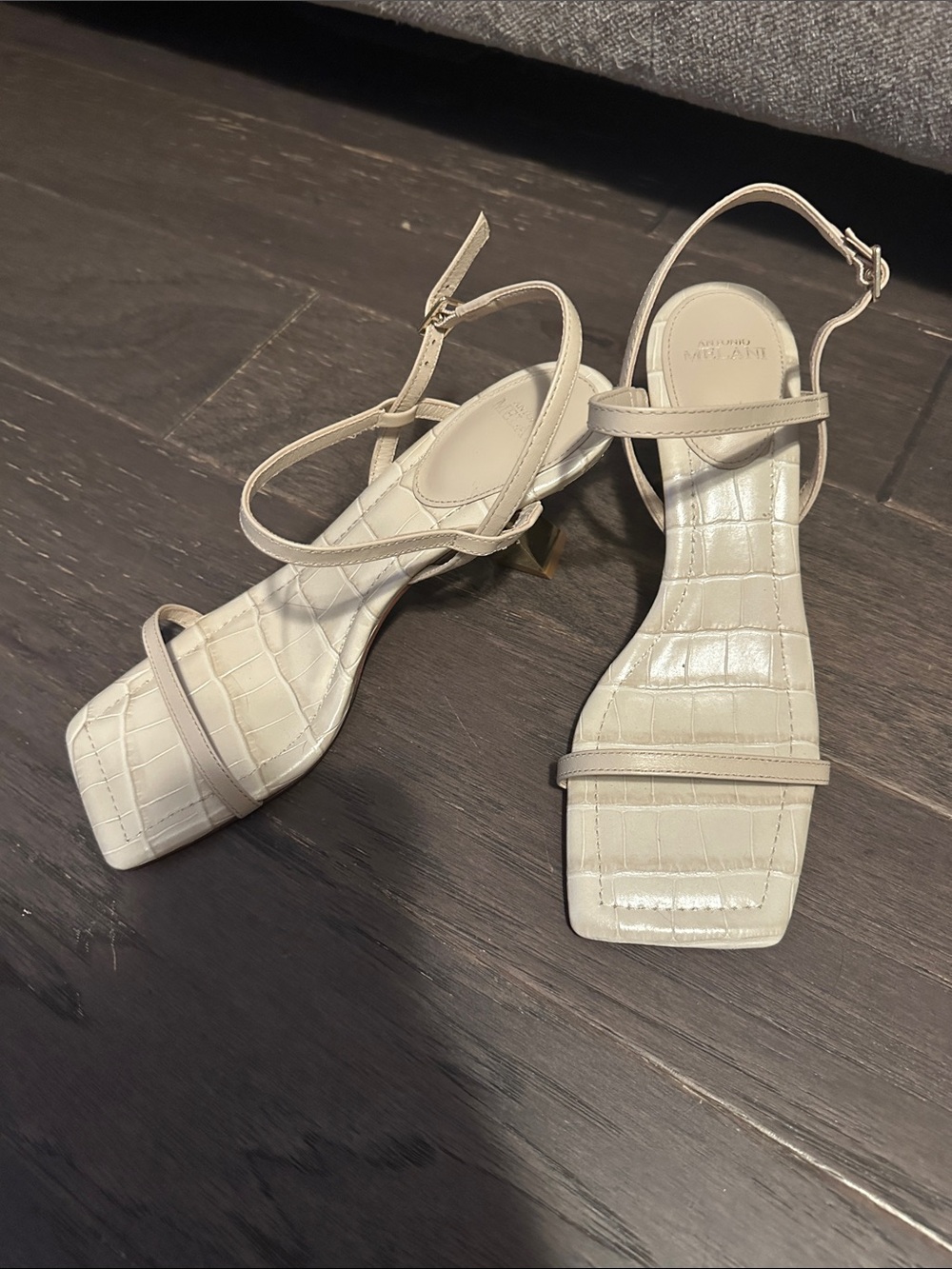 ANTONIO MELANI Cream Croc-Embossed Strappy Square-Toe Heels